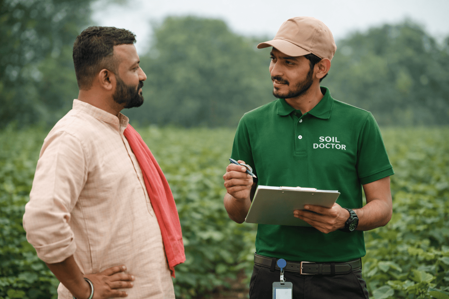 Soil doctor explaining soil health advisory to a farmer to improve soil fertility and farm produce.